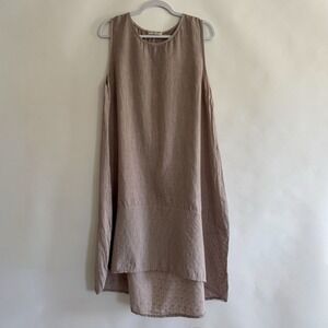 Terzo Millennio Italy Linen Dress Taupe Eyelet Embroidery High Low Lagenlook XL